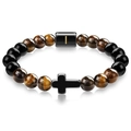 Detail of tiger eye beads bracelet with a black cross charm and magnetic clasp - Letter I