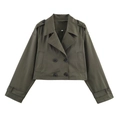 Dames korte trenchcoat in legergroen met dubbele rij knopen en schouderbandjes - S / Legergroen