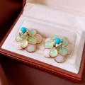 Close-up of floral stud earrings with green and pink petals in a brown jewelry box - Three-color Gradient 3D Flower Style (27#)