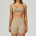 Conjunto de yoga sin costuras de cintura alta con sujetador deportivo y short beige - S / Sujetador+Pantalones Cortos - Marrón Caqui
