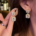 Dettaglio orecchini quadrati con perle e cristalli di zircone placcati in oro - 2# Ago d'Argento - Quadrato Dorato
