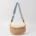 Bohemian woven waist bag with colorful tassel and wide shoulder strap in beige straw - Beige