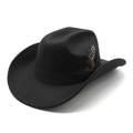 Detail shot of a black wool fedora hat with a ribbon band and side feather decoration - M (56-58cm) / Black