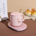 Pink ceramic mug with lucky lettering and matching pink electric heating base warmer set - Set (Gravity Sensing/USB) / Pink