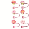 Pink cherry blossom silicone straw covers for 8-10mm straws on white background - Set of 6
