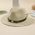Cappello di paglia beige con pietra turchese e fascia con perline di legno boho - M (56-58cm) / Beige