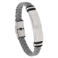 Gray braided leather bracelet featuring a polished stainless steel metal plate detail - Gray