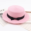 Cappello di paglia rosa a testa piatta con fiocco nero per protezione solare estiva da spiaggia - S (52-54cm) Bambini / Rosa Acqua