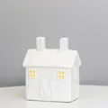 White ceramic LED house with M letter relief and dual chimneys, size 10x6.3x12cm - RH2256 (10x6.3x12cm/Letter M)