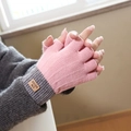 Pink and grey knitted half-finger gloves with touchscreen capability and thermal lining - Half Finger Style / Pink
