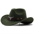 Detail of dark green felt cowboy hat featuring leather band with metal bull head charms - M (56-58cm) / Army Green