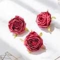 Three deep red silk rose heads with green calyxes for DIY wedding decorations - Red
