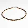 Men's coconut shell beaded necklace with tiger eye stone and lobster clasp in brown - Brown & White