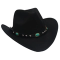 Detail van zwarte vilt cowboyhoed met turquoise kralen en metalen klinknagels op de band - M (56-58cm) / Zwart (Cowboy Turkoois)