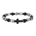 Detail of cross charm on black obsidian and white snowflake obsidian beaded bracelet - Black White Grey (B4535-A)