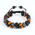 Detail of double-layer bracelet with tiger eye, obsidian and hematite beads - 3A Yellow Tiger Eye + Black Glass Beads + Hematite