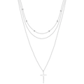 Collana a tre strati in argento con pendente a croce classico e perline su sfondo bianco - Croce a 3 strati / Argento
