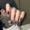 Y2K style coffin nails with black and grey gradient and silver 3D metal star charms - R722 Starry Night Romance / Nail Glue Version