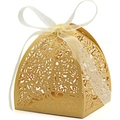 Close-up of golden laser-cut wedding candy box with intricate rose patterns and ribbon - Pearlescent Gold