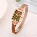Elegant women's rectangular watch with green gradient dial and rose gold mesh strap - Brown