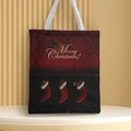 Detail of Christmas canvas tote bag featuring Merry Christmas script and festive socks - Style 53