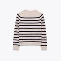 Classic round neck striped knit sweater in beige and navy blue, flat back view layout - S / Apricot Stripe