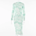 Nauwsluitende midi-jurk met lange mouwen, lichtgroene tie-dye print en sierstiksels - M / Groen