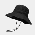 Close-up of black sun hat with wide brim, adjustable drawstring, and metal eyelets - One Size / Black