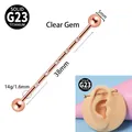 Barbell industriale in titanio G23 oro rosa con cinque zirconi chiari per piercing orecchio - 1.6X38X5X5mm / Oro Rosa - Zirconia Bianca