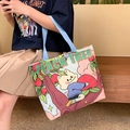Canvas tote bag with peach tree print and light blue handles in cream white color - Peach Cat