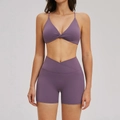 Two-piece dark purple yoga set with twisted sports bra and cross-waist shorts - S / Bean Paste Purple