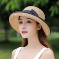 Elegant wide brim straw sun hat with black ribbon bow for summer beach vacation - One Size(Adjustable) / Khaki