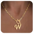 Golden necklace with rectangular link chain, OT buckle, and letter W pendant on model - Letter W