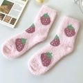 Plush pink mid-calf socks with cute strawberry pattern in warm coral fleece - One Size / Pink (Strawberry)