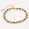 Verstelbare gouden armband met groene hartkristallen en boze oog emaille bedeltjes - 18K goud / Groen