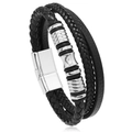 Detalle de la pulsera de cuero negro trenzado con cierre magnético de metal plateado - Negro & Blanco