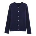 Cardigan bleu marine à col rond, maille côtelée verticale et boutons blancs contrastants - Bleu marine