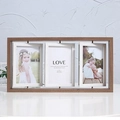 Triple rotating 4x6 inch wood photo frame in brown finish with Love text design - Triple Dark Wood