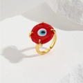 Adjustable gold plated Turkish evil eye ring with red round glass detail for women - Red (ZYN-DMR146G-3)