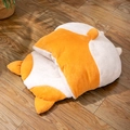 Plüsch-Tierform-Haustierschlafsack auf Holzboden bei warmem, natürlichem Sonnenlicht - Corgi-Stil