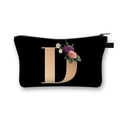 Black polyester dumpling cosmetic bag featuring a floral gold letter D printed design - Letter D