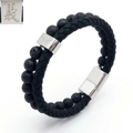 Men's double-layer braided leather bracelet with lava stone beads and Chinese Yi charm - Steel Color Lava Stone (Yi Character) (KB136648-KFC)