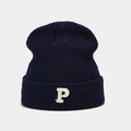 Detailed view of navy blue ribbed knit beanie with white towel-embroidered P letter - Navy Blue