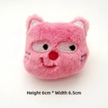 Close-up of pink plush cat badge with embroidery, measures 6cm height and 6.5cm width - Pink