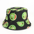 Detail of cartoon watermelon print on black cotton bucket hat with neat stitching - Smiley Watermelon Black