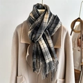 Classic plaid scarf with tassels in black and grey, soft winter pashmina for women and men - Beige-Black