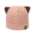 Detail of pink cable knit hat with cat ears design and branded woven patch label - M (56-58cm) / Pink