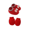 Infant red soft cotton knit shoes with pink bows and matching protective gloves set - Red Bear - Mittens & Booties Set