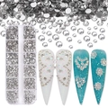 Detail of 12-grid storage box with clear flatback rhinestones and DIY nail art examples - SS4-SS12-3600Pcs/Box / White
