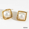 Elegant gold square frame pearl stud earrings with iridescent finish for women - Gold Style (KD2942)